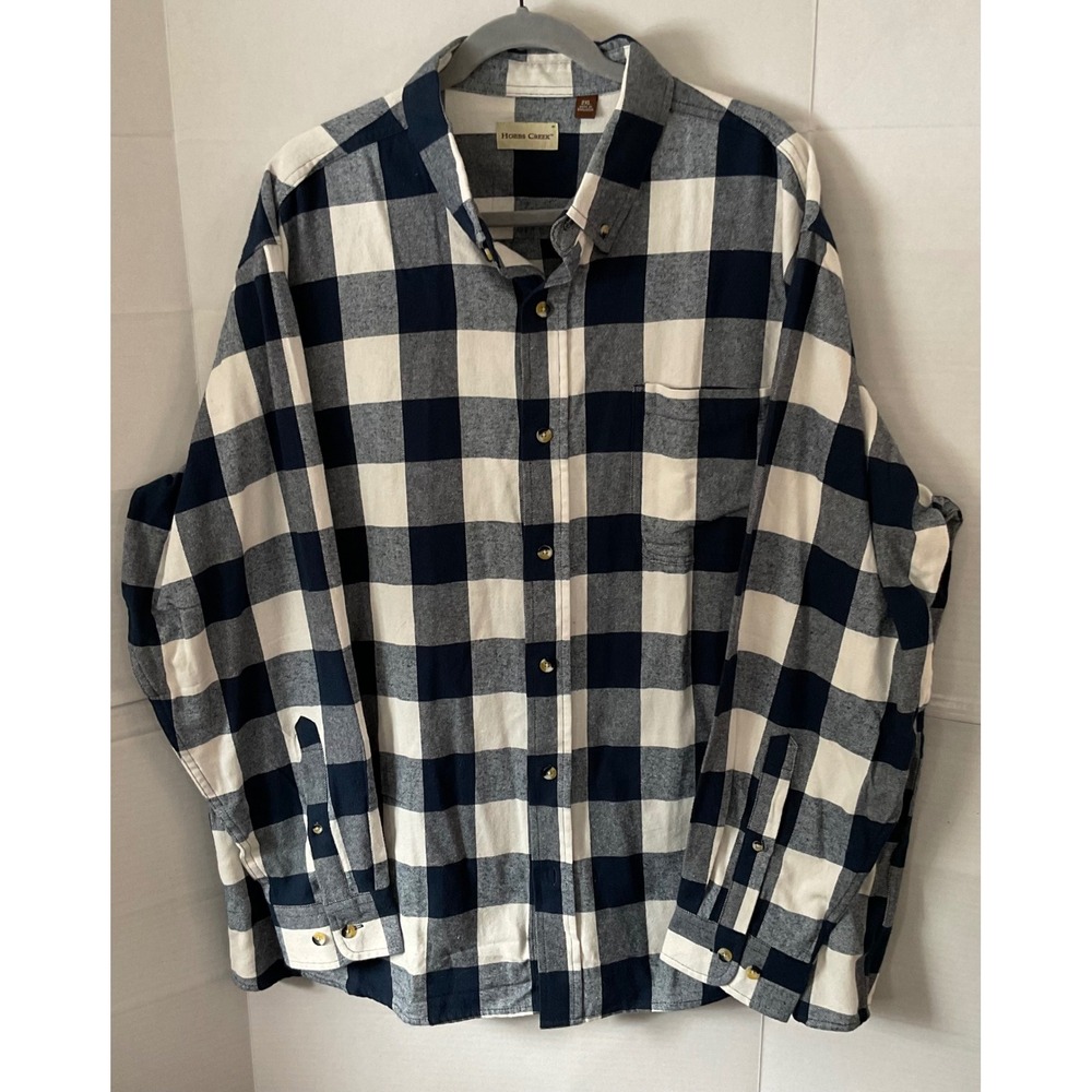 Hobbs Creek Mens 2XL Flannel Shirt  Blue White Buffalo Plaid Cotton Button Up